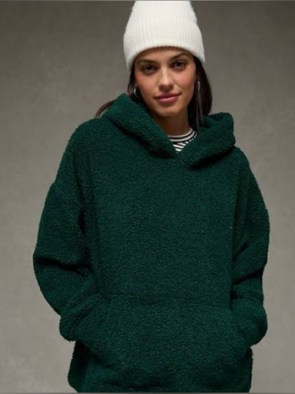 Aerie Sherpa Fleece Oversized Cozy Pullover Hoodie In Dark Green